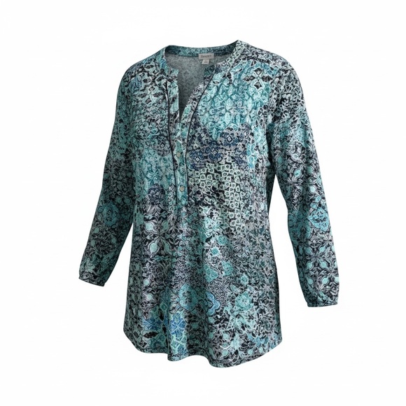 Westport Tops - Westport Teal Mosaic Henley Tunic Size 1X